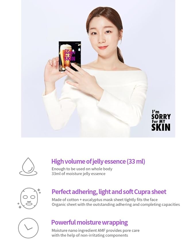 I'M SORRY FOR MY SKIN Jelly Face Mask Korean Skin Care, Hydrating Face Masks Skincare Set, Self Care Items for Glow Beauty, Teacher Appreciation Gifts for Women, Pack of 10 (Beer Revitalizing Mask)