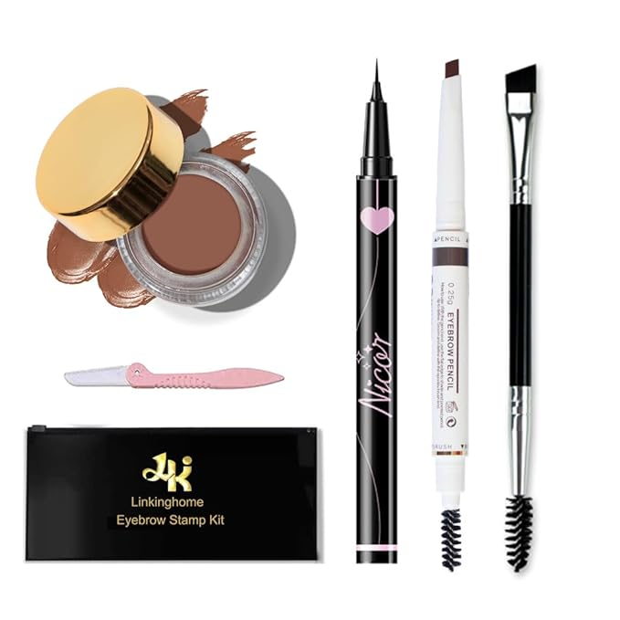 Upgraded Eyebrow Stamp Pencil Kit for Makeup, With Waterproof Pen, Black Eyeliner, Pomade, Specially Customized Blade Shaped Brush and Razor