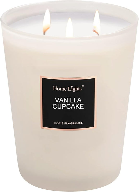 HomeLights Highly Scented Soy Candles Big 33.3 oz for Home. 3 Cotton Wicks, Smokeless Long Lasting 130 hrs in Vanilla Cupcake. 5x6, Great Gift for Women & Men