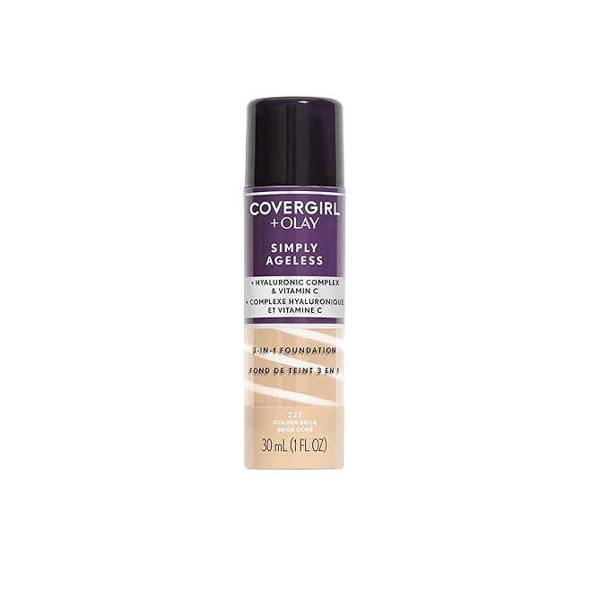 CoverGirl & Olay Simply Ageless 3-in-1 Liquid Foundation, Matte Finish, Hyaluronic & Vitamin C Formula, Golden Beige, 1 Count