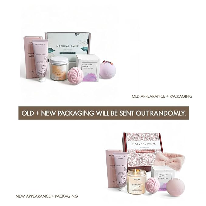 Natural Amor Relaxation Spa Gift Set for Women, 5 Piece Bath & Body Box with Candle, Hand Cream, Bath Bombs & Headband, Self Care Gift for Her