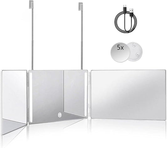 HIEEY 3 Way 360 Trifold Mirror with LED, Height Adjustable Telescoping Hooks,and 5X Magnification for Makeup,Hair Cutting/Styling (White)