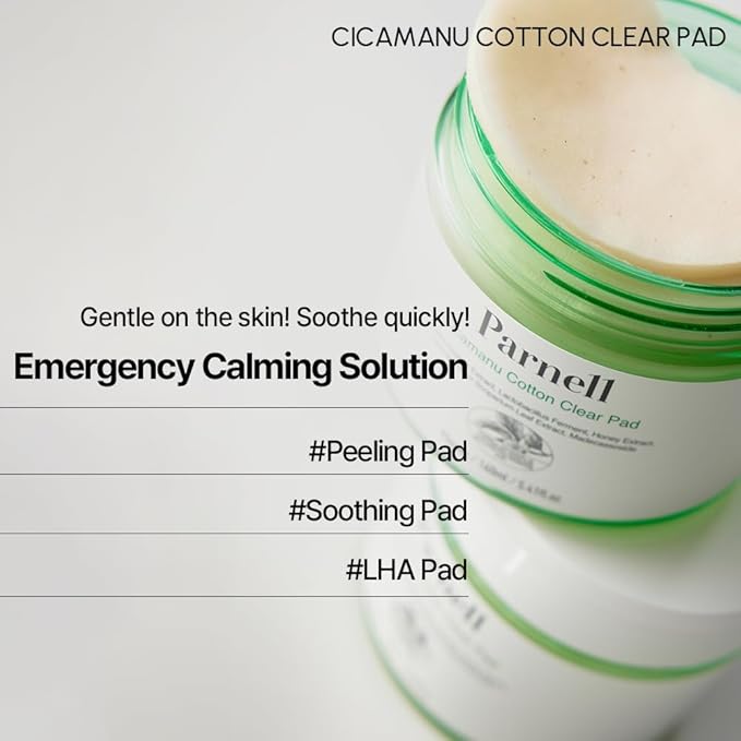 Parnell Cicamanu Cotton Clear Pad - Centella Asiatica, Ceramide, LHA, PHA, Daily Exfoliating and Soothing Biodegradable Pads for Acne-Prone Skin (90 Pads)