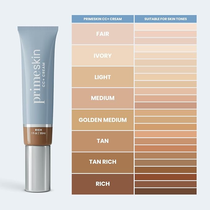 Prime Prometics PrimeSkin CC+ Cream for Mature Women – Lightweight Liquid-to-Powder Foundation – Blurs Pores & Covers Age Spots – Crease-Free, Hydrating & Soft-Matte Finish for Sensitive Skin (Rich)