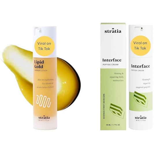 Stratia Lipid Gold & Interface Daily Moisturizer Bundle - Ceramide & Peptide Hydration Combo for Moisturizing and Strengthening the Skin Barrier, Suitable for All Skin Types, 1.7 oz Each
