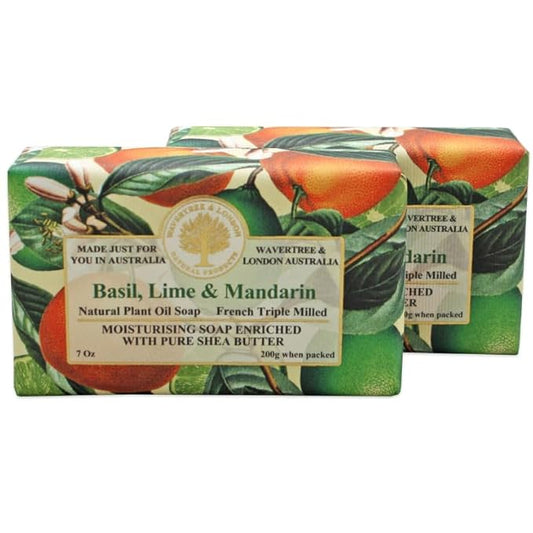 Wavertree & London Basil Lime & Mandarin Scented Natural Soap (2 Bars), 7oz Moisturizing French Triple Milled Soap Bars enriched with shea butter - Pure Plant Based Bath & Body Bars for All Skin Types