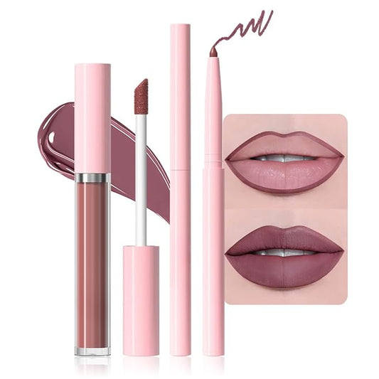 AMY'S DIARY 2pcs Matte Purple Red Lip Liner & Lipstick Makeup Set, Liquid Lipstick 24H and Lip Liner Set Matt Liquid Lips Make Up Waterproof Long Lasting (08#, 2 Pcs Set)