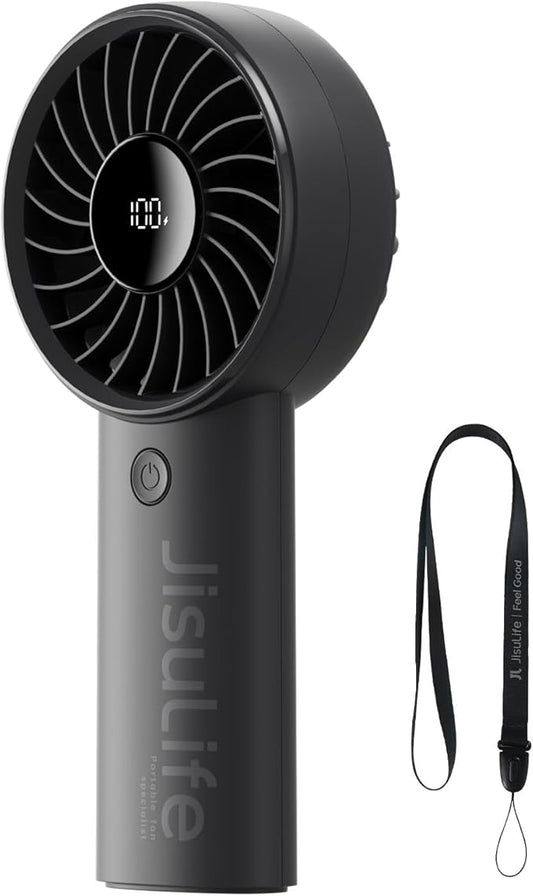 JISULIFE Handheld Fan Life4, 5000mAh Portable Rechargeable Fan, 5-Speed Turbo Wind, 15 Hrs Cooling, LED Display, Gifts for Men/Women, Essential for Travel,Beach,Vacation,Makeup,Concerts,Cruise-Black