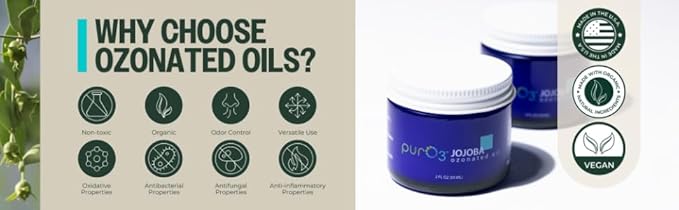 PurO3 Ozonated Jojoba Oil – Pure, Natural, Organic Skincare for Face & Body – Oxygenated Healing Lotion, Moisturizer & Beauty Cream in a Glass Jar – O3 Therapy Salve, 2 oz