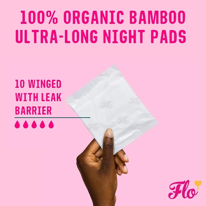 Flo Ultra Long Night Bamboo Pads with 4 Wings (10 Pads) - Super Absorbent + Soft