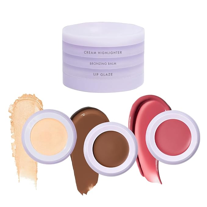 Subtl 3-in-1 Makeup Stack – Cream Bronzer, Powder Highlighter & Lip Glaze for On-the-Go Touch Ups – Lightweight, Travel-Friendly, Blendable Balm (Medium-Tan/Toffee)