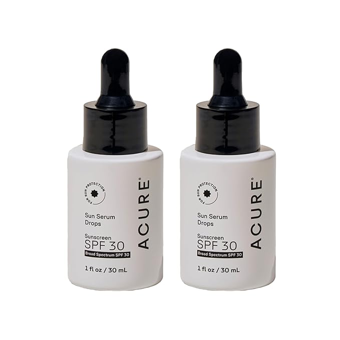 Acure Sun Serum Drops SPF 30 - Hydrating Sunscreen Serum with Broad-Spectrum Protection, Skincare for Beauty Glow, Light & Sheer UV Shield, Use with Makeup, Travel Size - 1 fl oz (2 Pack)