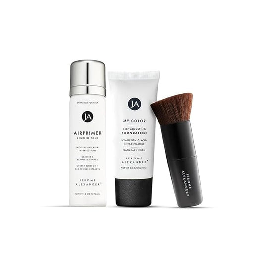 Jerome Alexander My Color 3PC Self Adjusting Full Coverage Foundation Makeup (Dark) with Kabuki Brush and Air Primer