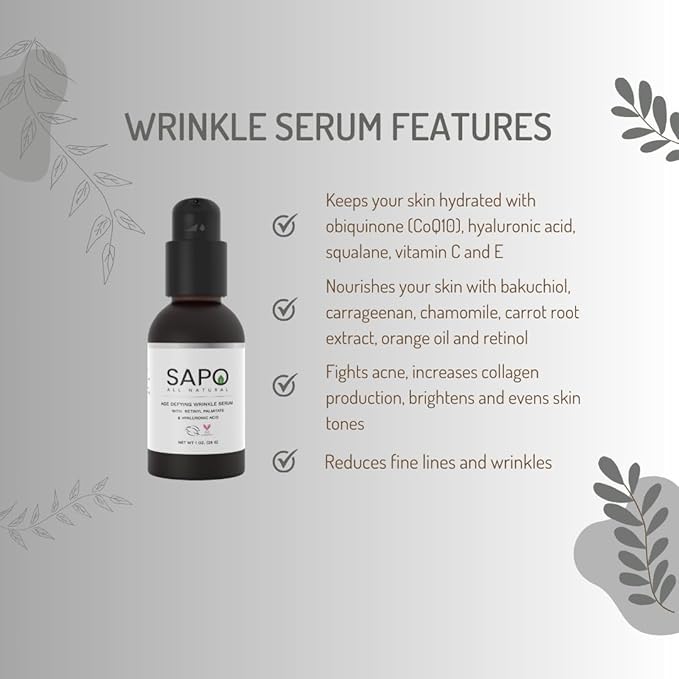 Sapo Wrinkle Serum, Bakuchiol + Retinyl Palmitate Face Serum with Peptides, Hyaluronic Acid, CoQ10 & Chamomile - Smooth, Firm & Hydrate Skin, 1 oz