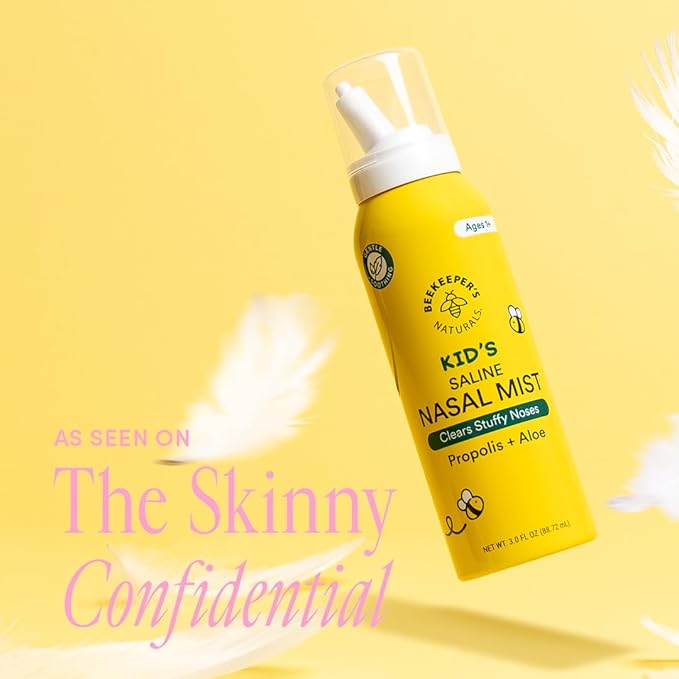 Kids' Saline Nasal Mist by Beekeeper's Naturals, Clears Stuff Noses, Nasal Spray for Kids 1+ w/ Saline, Aloe & Propolis, 3 fl oz