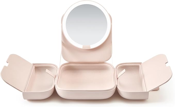 AMIRO M2 Cude Travel Makeup Bag with 5 Level Brightness & 3 Color LED Mirror, Portable Makeup Artist Organizer, Pink