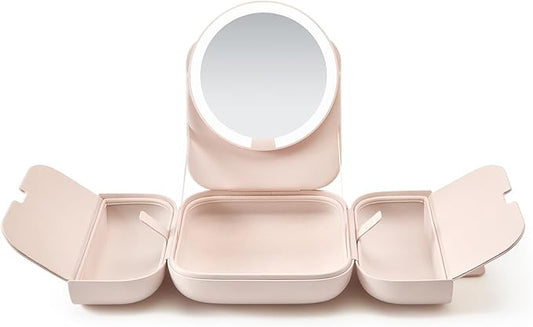 AMIRO M2 Cude Travel Makeup Bag with 5 Level Brightness & 3 Color LED Mirror, Portable Makeup Artist Organizer, Pink