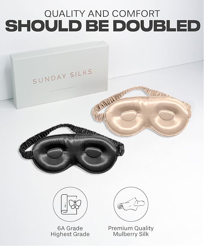 SUNDAYSILKS™ 3D Contoured Silk Sleep Mask | Padded Silk Eye Mask with Eye Cups for Lash Extensions | Blackout, Organic for Women & Men, Perfect for Travel, Slip-Free Deep Sleeping (2PK)