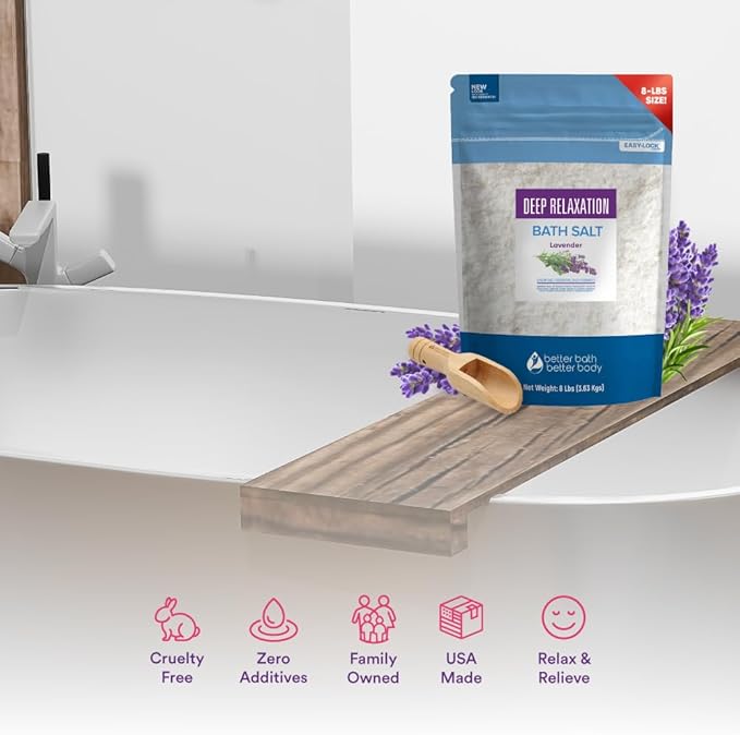 Deep Relaxation Bath Salt 128 Ounces Epsom Salt with Natural Lavender Essential Oil Plus Vitamin C in BPA Free Pouch