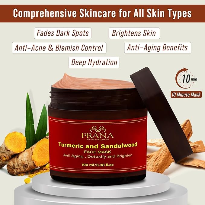 3 Pack Turmeric & Sandalwood Face Mask – Ayurvedic Brightening Clay Mask with Bentonite & Kaolin – Deep Pore Cleansing, Hydrating & Anti-Aging Facial Mask for Acne, Dark Spots & Even Skin Tone – 100ml