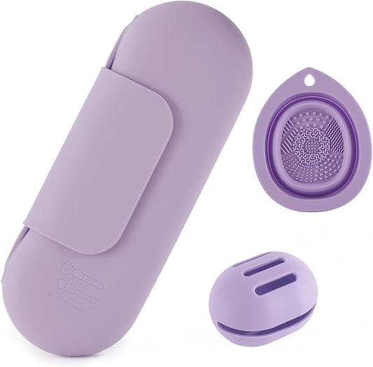Silicone Makeup Brush Holder Set – Portable Travel Makeup Brush Holder with Makeup Sponge Holder and Foldable Cleaning Bowl – Upgraded 3-in-1 Cosmetic Organizer Set (purple)