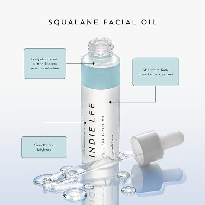 Indie Lee 100% Squalane Oil - Daily Face Oil & Hydrating Moisturizer for Dry Skin, Fine Lines and Wrinkles - Even Skin Tone, Brighten & Improve Texture (30ml)