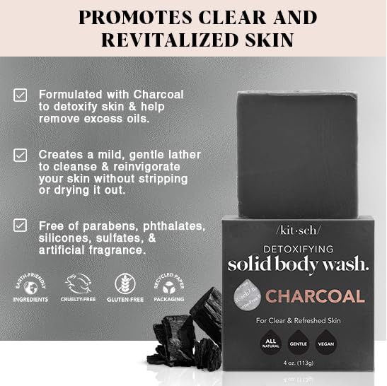 Kitsch Charcoal Soap Body Wash Bar – Detoxifying Bar Soap with Activated Charcoal – Gently Removes Excess Oil & Impurities, Clears Pores, Firms & Moisturizes Skin – Made in USA - 4 oz