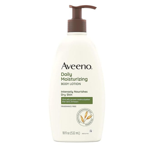 Aveeno Daily Moisturizing Body Lotion for Dry Skin with Prebiotic Oat, Fragrance & Paraben Free, Non-Greasy, Non-Comedogenic, for Sensitive Skin & 48-Hour Moisturizer 18 Fl Oz