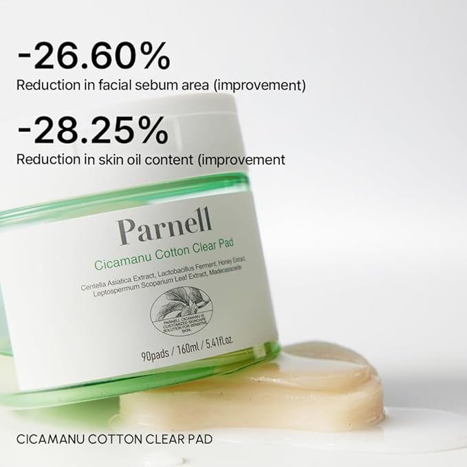 Parnell Cicamanu Cotton Clear Pad - Centella Asiatica, Ceramide, LHA, PHA, Daily Exfoliating and Soothing Biodegradable Pads for Acne-Prone Skin (90 Pads)