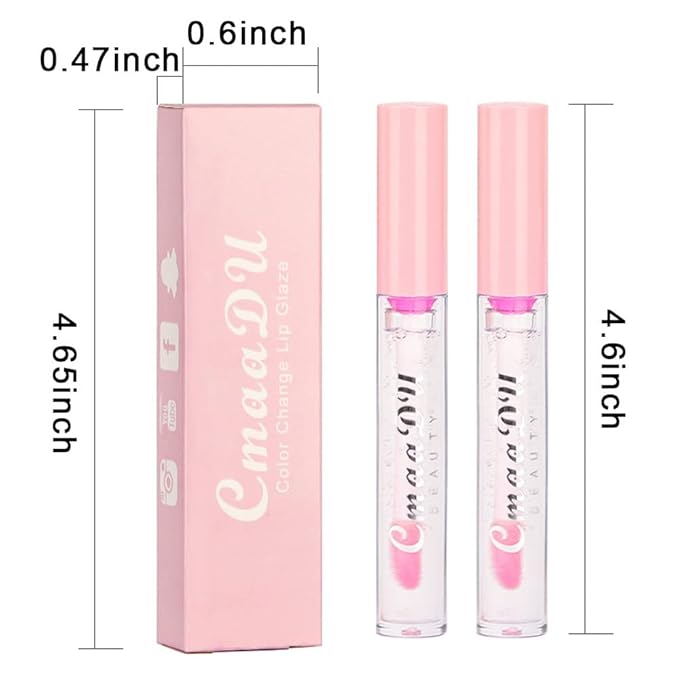 evpct 2Pcs Clear Color Changing PH Tinted Lip Gloss Sets for Women, Pink Mood Lip Oil Gloss Balm Tint Stain Glaze Pack Hydrating 0.11 fl.oz *2