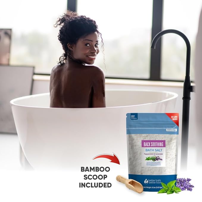 Back Soothing Bath Salt 128 Ounces (8 Lbs) USP Grade Epsom Salt with Natural Peppermint and Lavender Essential Oils Plus Vitamin C Made with Natural Ingredients