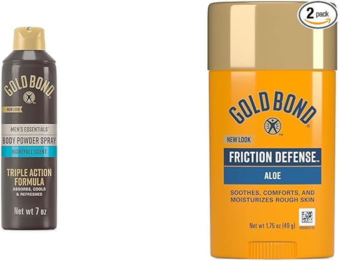 Gold Bond Men's Body Powder Spray Nightfall Scent 7 oz. & Friction Defense Stick 1.75 oz. Skin Care Bundle