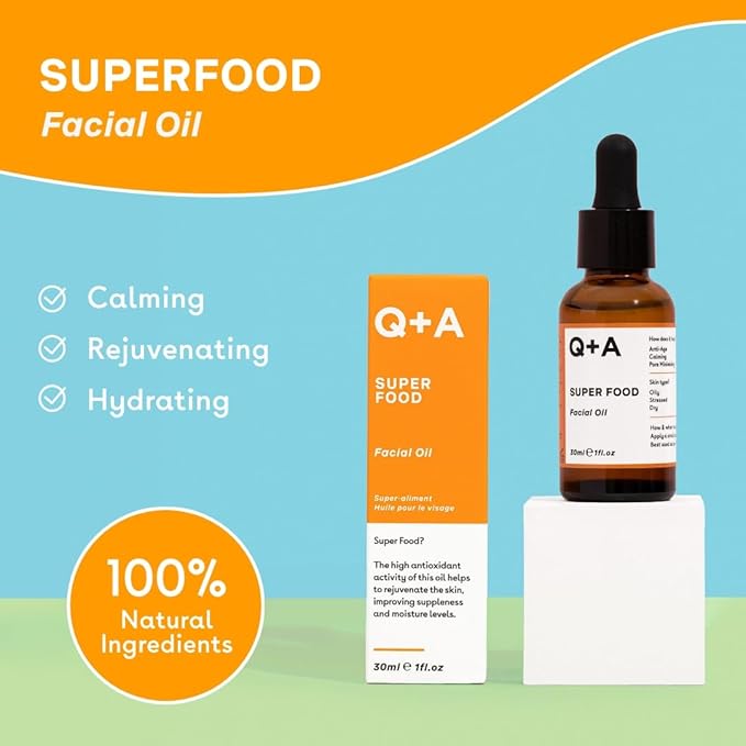 Q+A Super Food Facial Oil (30ml), Natural Vitamin-Rich Face Oil with Jojoba, Vitamin E Oil, Deeply Nourishes and Hydrates Dry, Sensitive, and Normal Skin, Boosts Skin Radiance and Glow