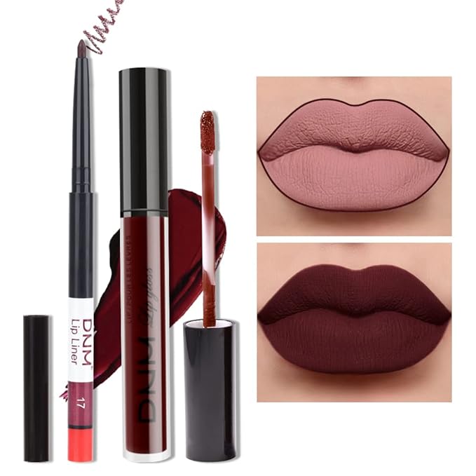 AMY'S DIARY 2pcs Matte Dark Red Lip Liner and Lipstick Makeup Set, Liquid Lipstick 24H and Lip Liner Set Matt Liquid Lips Make Up Waterproof Long Lasting Lipstick Matte Kit (#17)