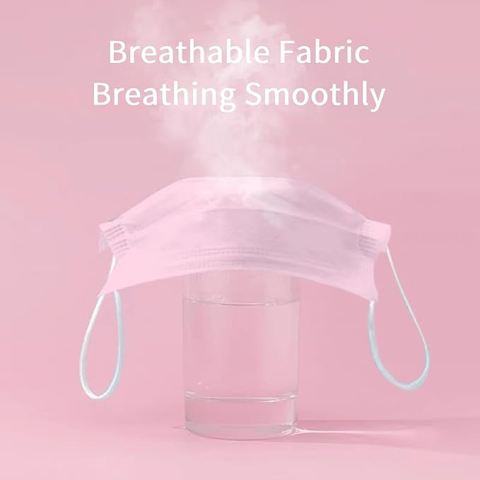 50 Pack Pink Disposable Face Mask for Adults, Solid Pink Breathable 3-Ply Earloop Full Face Protection for Women & Teen Girls