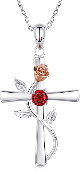 Cross Necklace for Women, 925 Sterling Silver Birthstone Necklace for Women with Rose Flower Birthstone Womens Jewelry Birthday Gifts for Wife Women