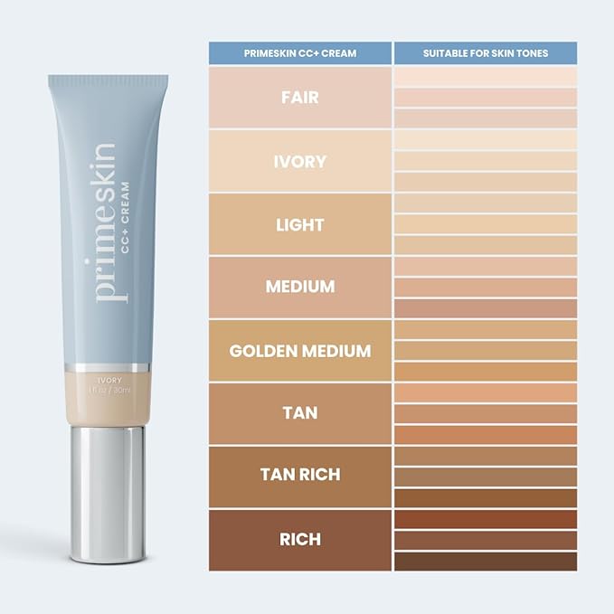 Prime Prometics PrimeSkin CC+ Cream for Mature Women – Liquid-to-Powder Foundation – Blurs Pores & Covers Age Spots – Crease-Free, Hydrating & Soft-Matte Finish for Sensitive Skin (Ivory)