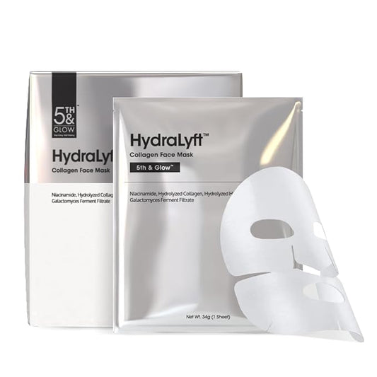 5th & Glow HydraLyft - Collagen Face Mask - Collagen Hydrogel Mask with Hyaluronic Acid & Niacinamide - Deep Hydration, Anti-Aging & Firming Collagen Mask for a Youthful, Glass Skin Glow - 4 Sheets