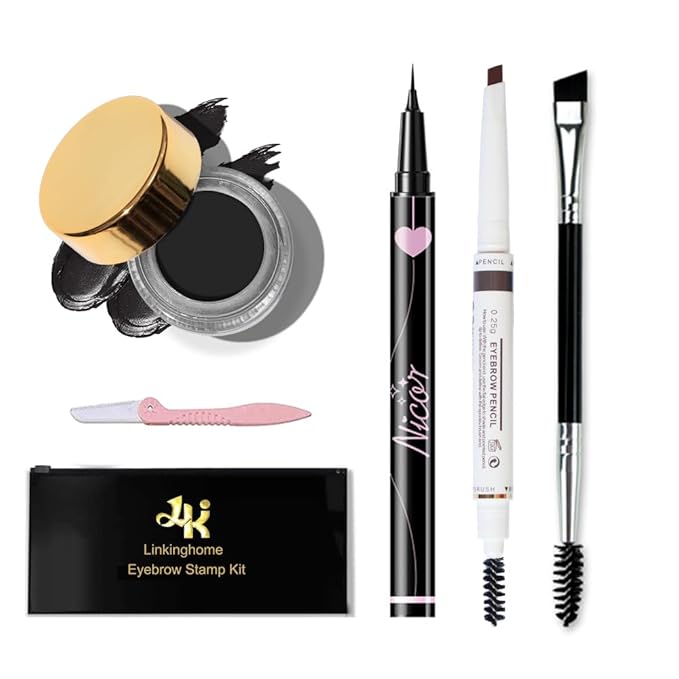 Upgraded Eyebrow Stamp Pencil Kit for Makeup, With Waterproof Pen, Black Eyeliner, Pomade, Specially Customized Blade Shaped Brush and Razor