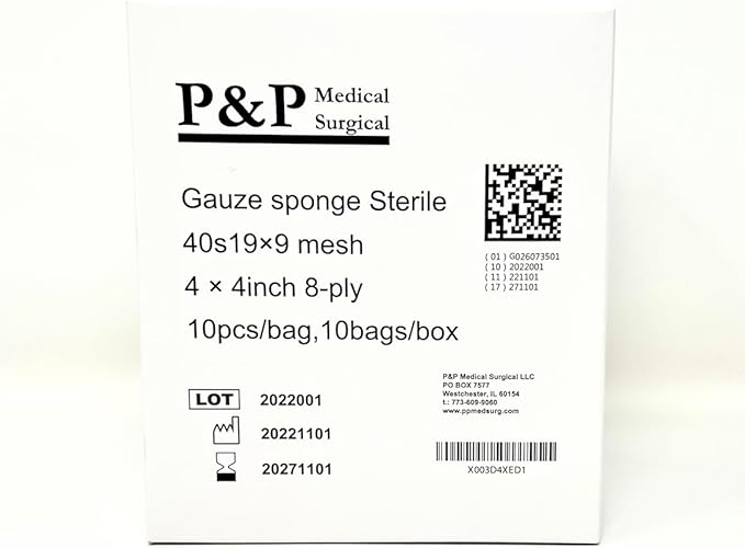Gauze Surgical Sponges Cotton STERILE Woven 8-ply High Grade Quality 4"x4" Class I(a) All Purpose Pads by P&P MEDICAL SURGICAL Pack of 100