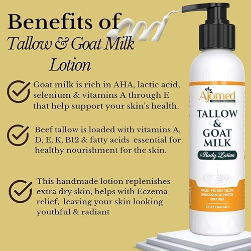 Tallow & Goat Milk Body Lotion, dry, Sensitive Skin, moisturizier Lotion - tallow for skin cream, Soothes Dry skin, Goat Milk face and body Moisturizer - Handmade lotion (12oz SANDALWOOD VANILLA)