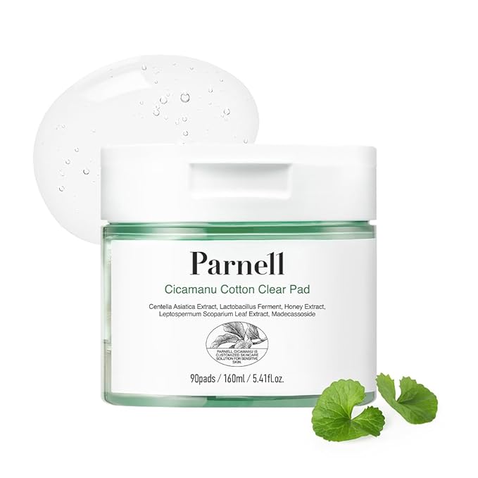Parnell Cicamanu Cotton Clear Pad - Centella Asiatica, Ceramide, LHA, PHA, Daily Exfoliating and Soothing Biodegradable Pads for Acne-Prone Skin (90 Pads)