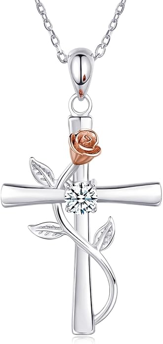 Cross Necklace for Women, 925 Sterling Silver Birthstone Necklace for Women with Rose Flower Birthstone Womens Jewelry Birthday Gifts for Wife Women