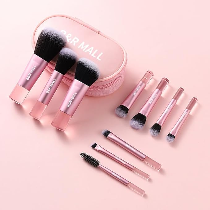 B&R MALL Mini Makeup Brush Set – Super Soft Brushes for Flawless Foundation, Concealer, Eyeshadow & More | 10-Piece Compact Brush Kit with Stylish Storage Box, Perfect for On-the-Go Touch-Ups (Pink)