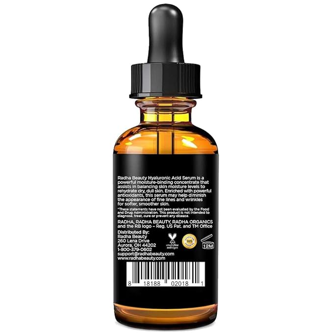 Radha Beauty Hyaluronic Acid Serum for Skin, 2 fl. oz - Infused with Vitamin C, Vitamin E, Green Tea & Jojoba Oil, Intensive Moisture and Hydration for Anti-Aging, Wrinkles, and Fine Lines