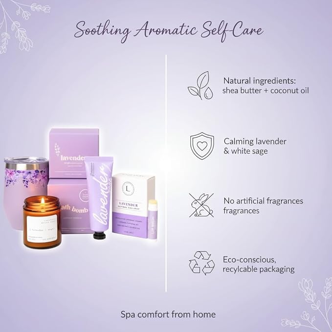 Unboxme Lavender Spa Gift Set – Spa Gift Basket for Women with Candle, Soap, Hand Cream, Mug, Cozy Socks & Card – Self Care Gift Box, Relaxation Gifts for Birthday, Get Well