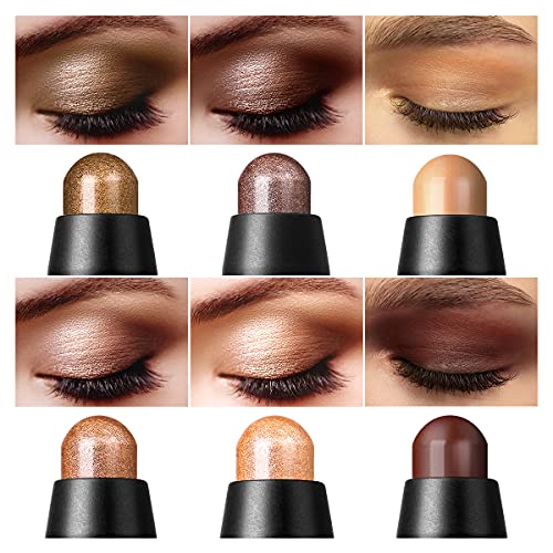 6 PCS Brown Neutral Metallic Eyeshadow Stick, Light to Dark Brown Cream Shimmer Pencil Crayon, Pro Waterproof & Long Lasting Starter Sets