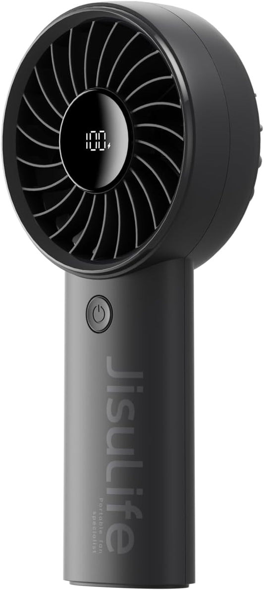 JISULIFE Handheld Portable Fan with Powerful Motor,LED Display,3600mAh Battery,5 Wind Speeds,Lanyard; Summer Essentials USB Rechargeable Hand held Fan for Travel,Beach,Makeup,Concerts-Black
