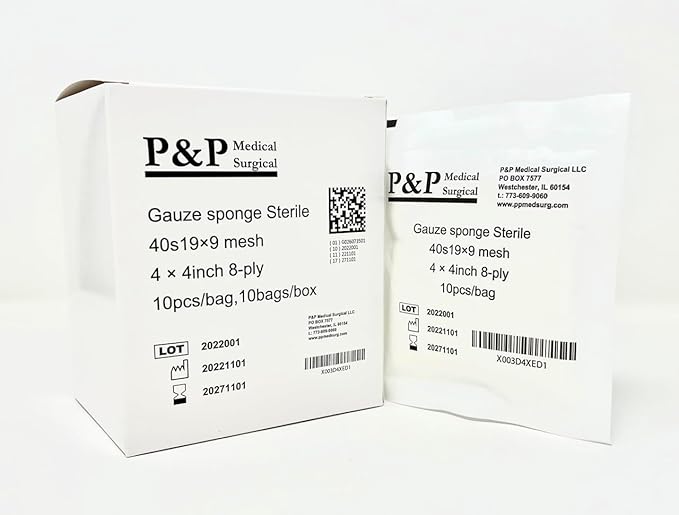 Gauze Surgical Sponges Cotton STERILE Woven 8-ply High Grade Quality 4"x4" Class I(a) All Purpose Pads by P&P MEDICAL SURGICAL Pack of 100