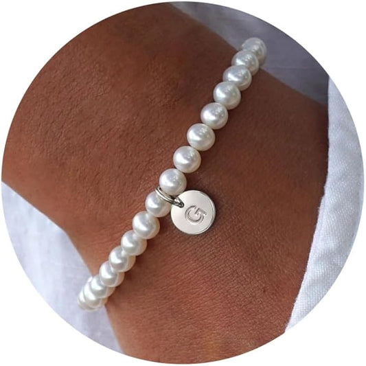 Ursteel Pearl Initial Bracelet for Women - Dainty 14K-Gold-Plated Letter Pearl Beaded Bracelet Jewelry for Women, Bridesmaid Proposal Wedding Bride Party Bridal Shower Birthday Gift